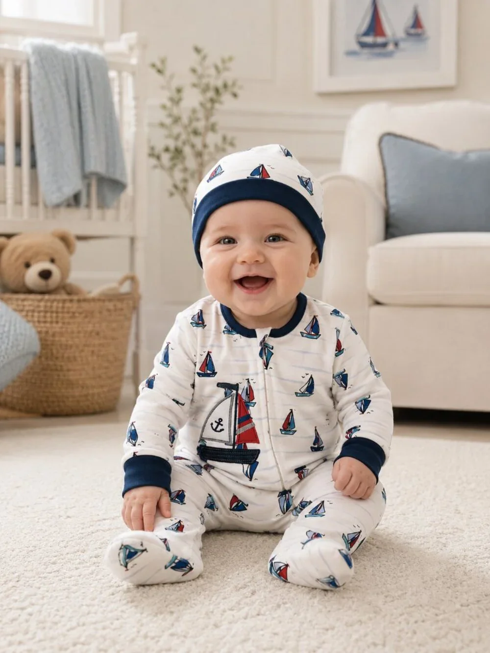 NWT Baby Essentials Baby Boy 2 Piece Sleeper Set Nautical Sailboat Applique Size